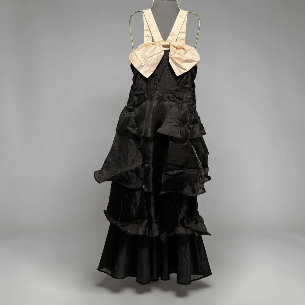 Lulus Black Satin Ruffled Tiered Strappy Maxi Dress with Champagne Bow